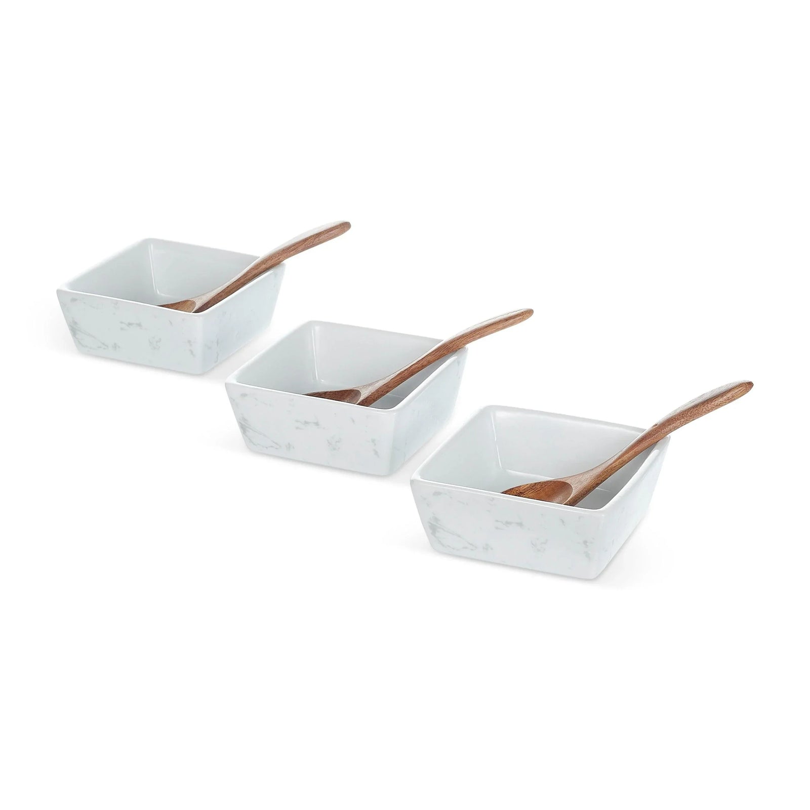 Set of three white marble serving bowls with attached wooden spoons, displayed in a row