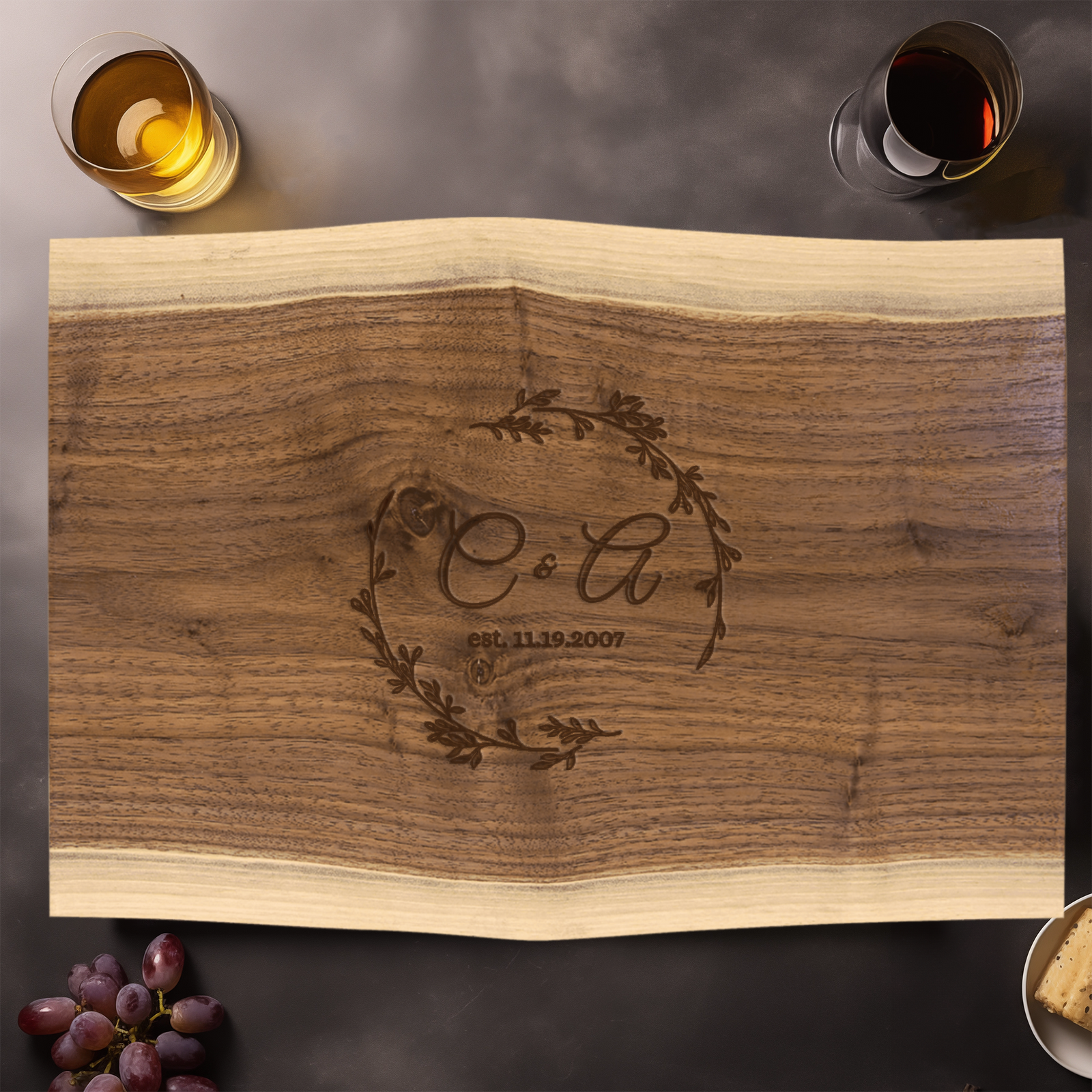 Anniversary Walnut Cutting Board With Couples Chronicle Design