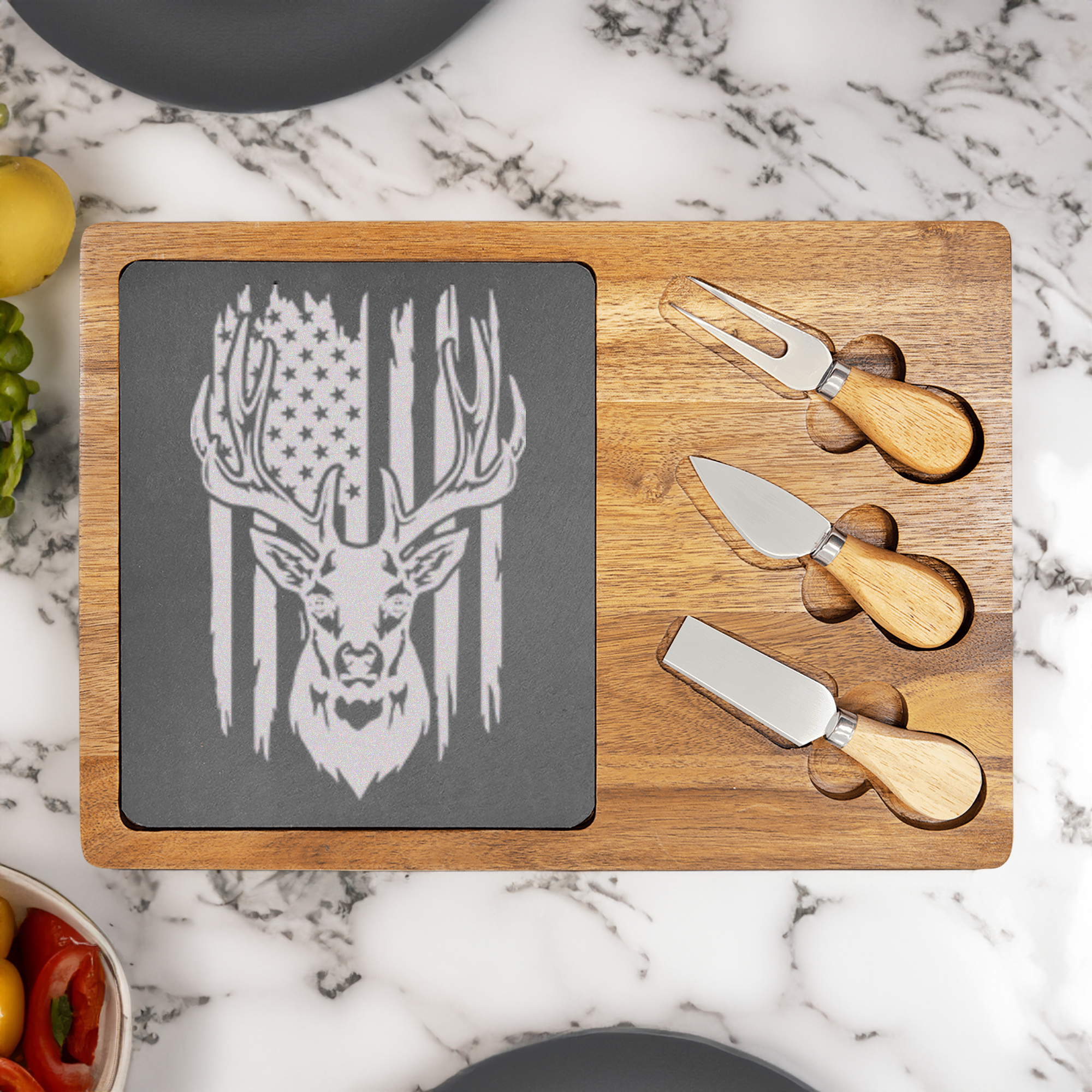 Deer Torn American Flag Wood Slate Serving Tray