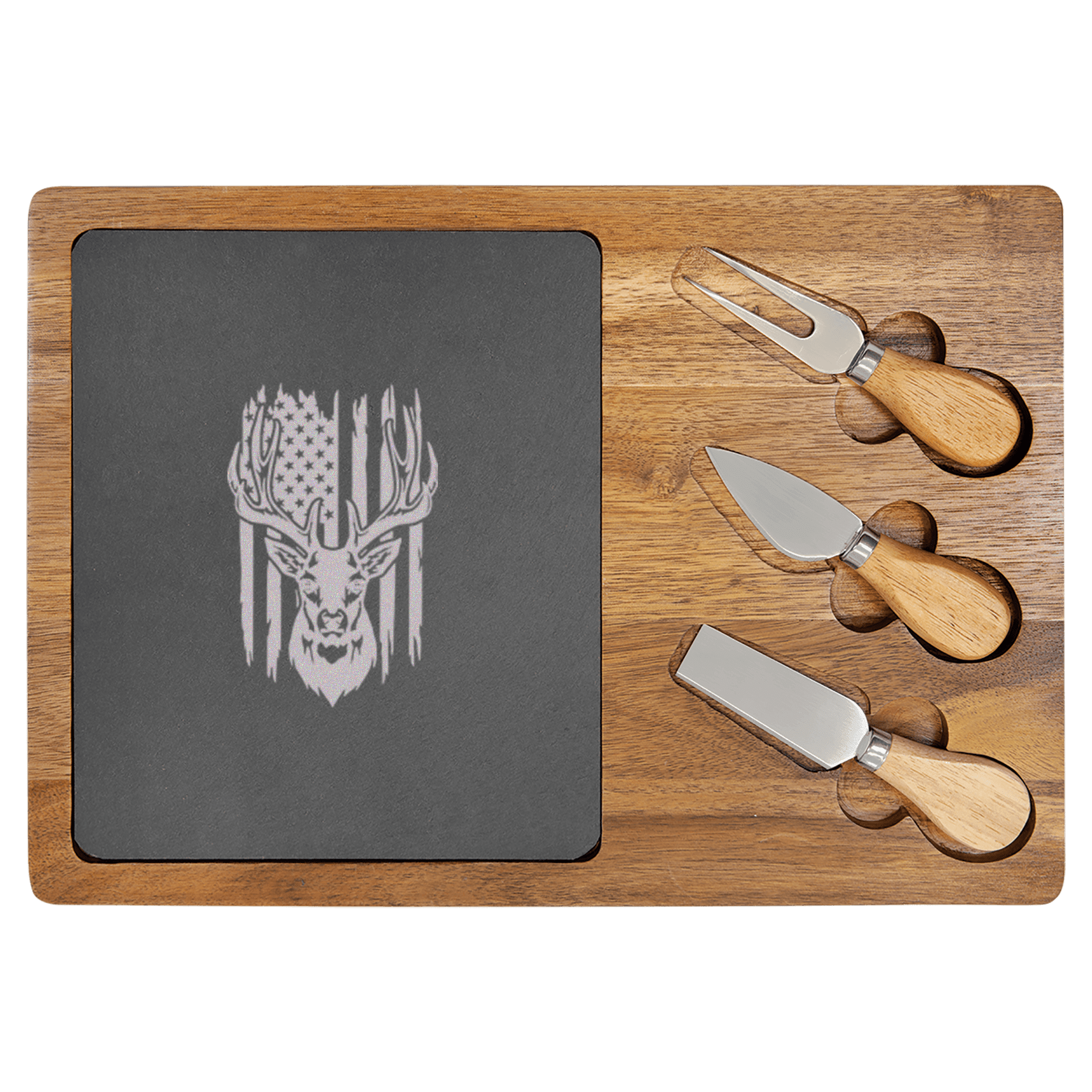 Deer Torn American Flag Wood Slate Serving Tray