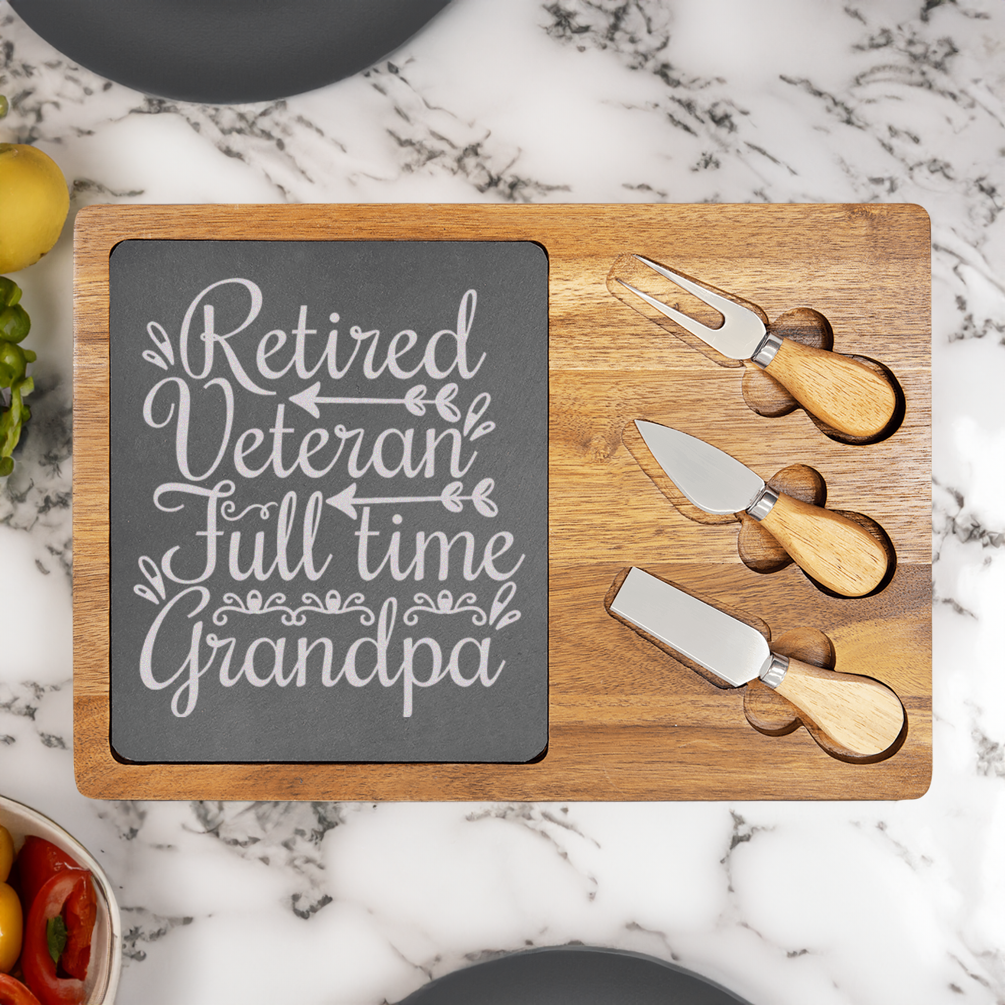 Retired Veteran Full Time Grandpa Wood Slate Serving Tray