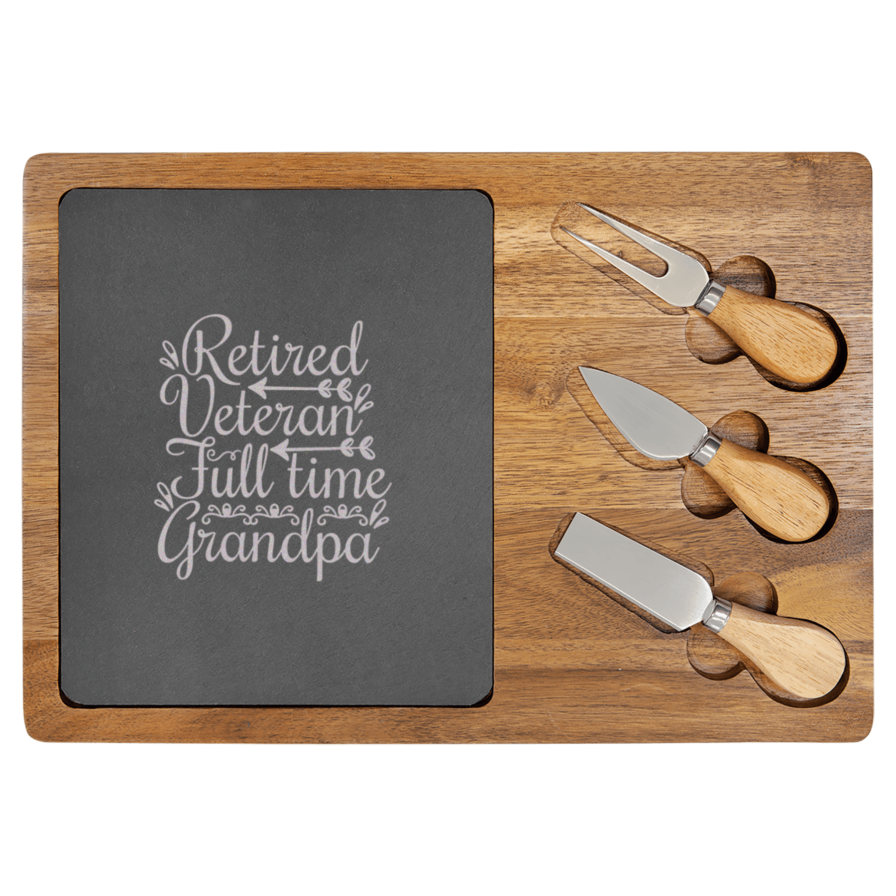Retired Veteran Full Time Grandpa Wood Slate Serving Tray
