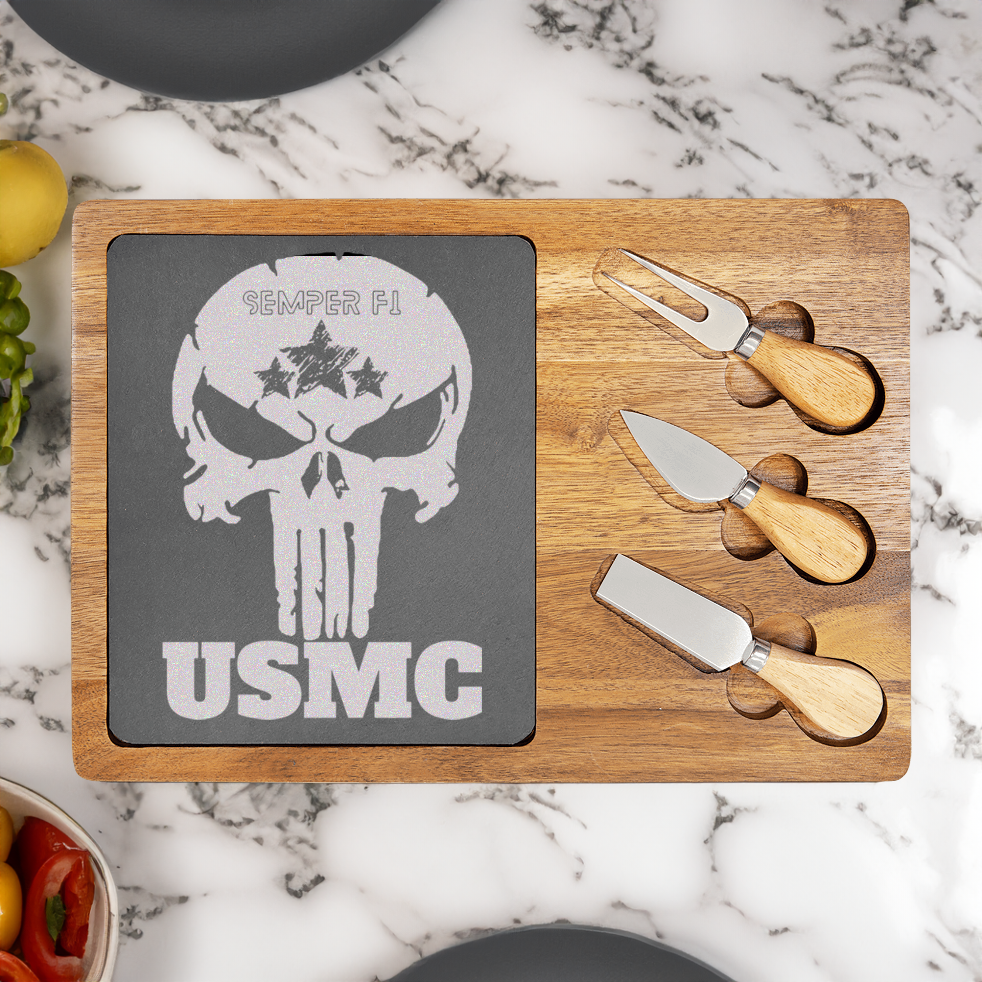 USMC Skull Wood Slate Serving Tray