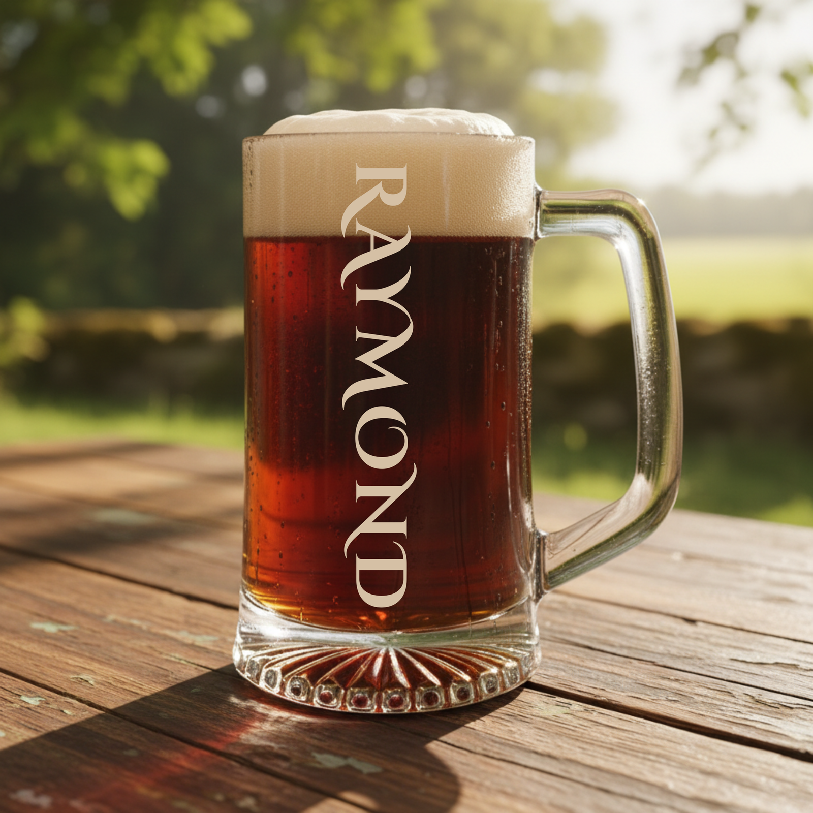 Personalized beer stein engraved with a name in tall vertical lettering, filled with amber beer on a sunny outdoor wooden table