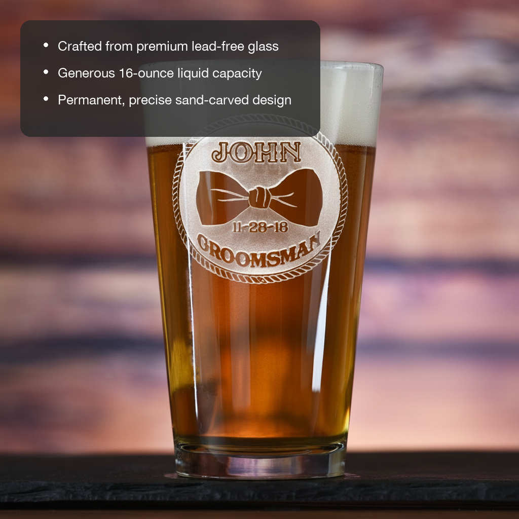 Bowtie Groomsmen Personalized Pint Glass features showing premium lead-free glass, 16 oz capacity, and permanent sand-carved design