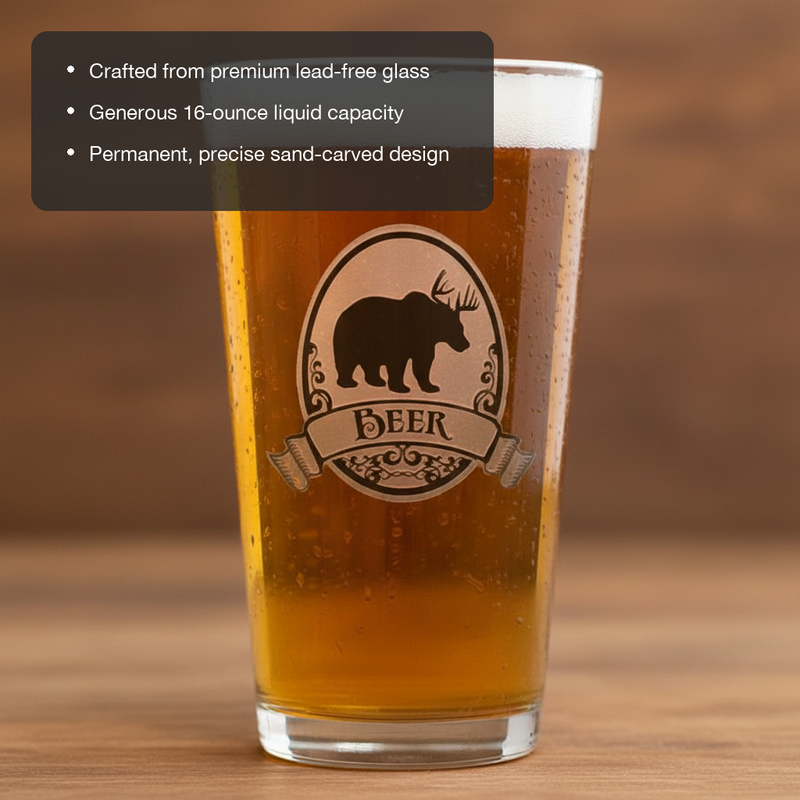 Wildwood Personalized Pint Glass features showing premium lead-free glass, 16 oz capacity, and permanent sand-carved design