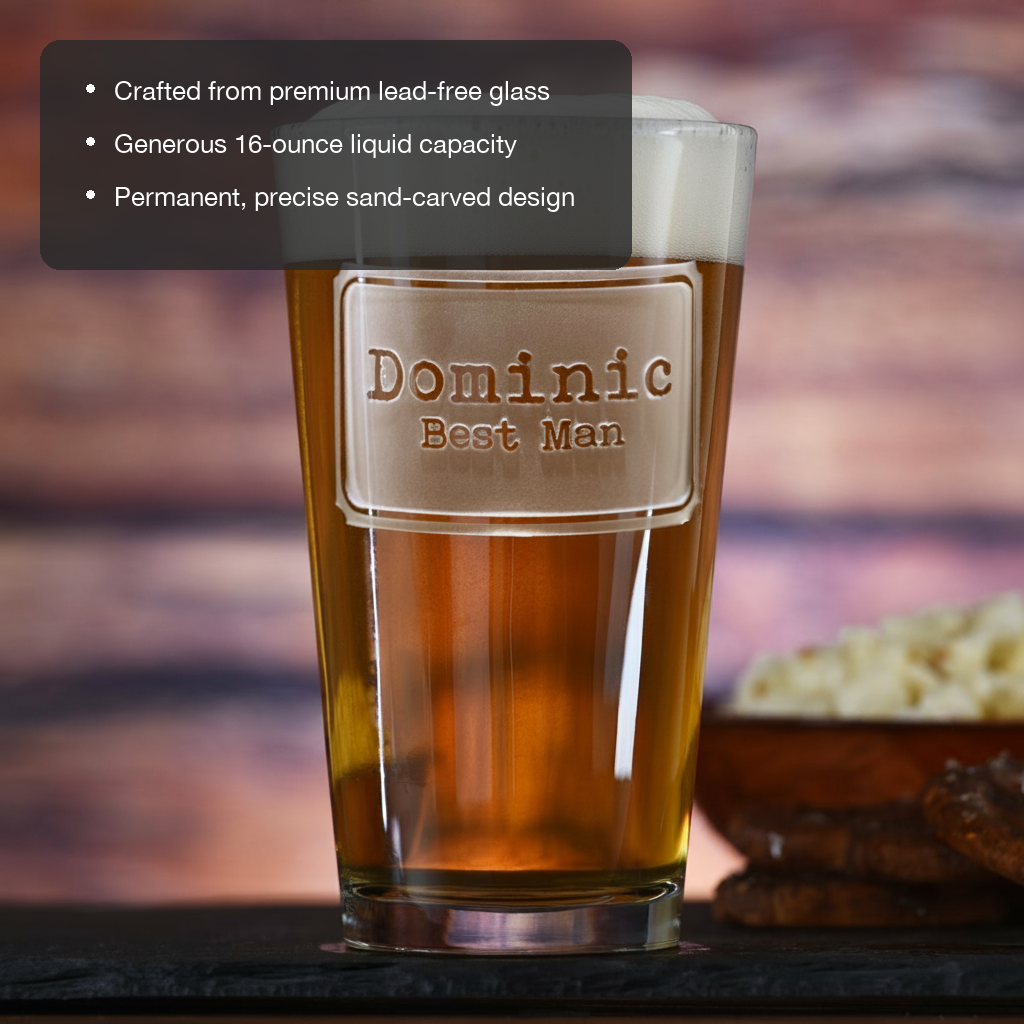 Square Label Personalized Pint Glass features showing premium lead-free glass, 16 oz capacity, and permanent sand-carved design