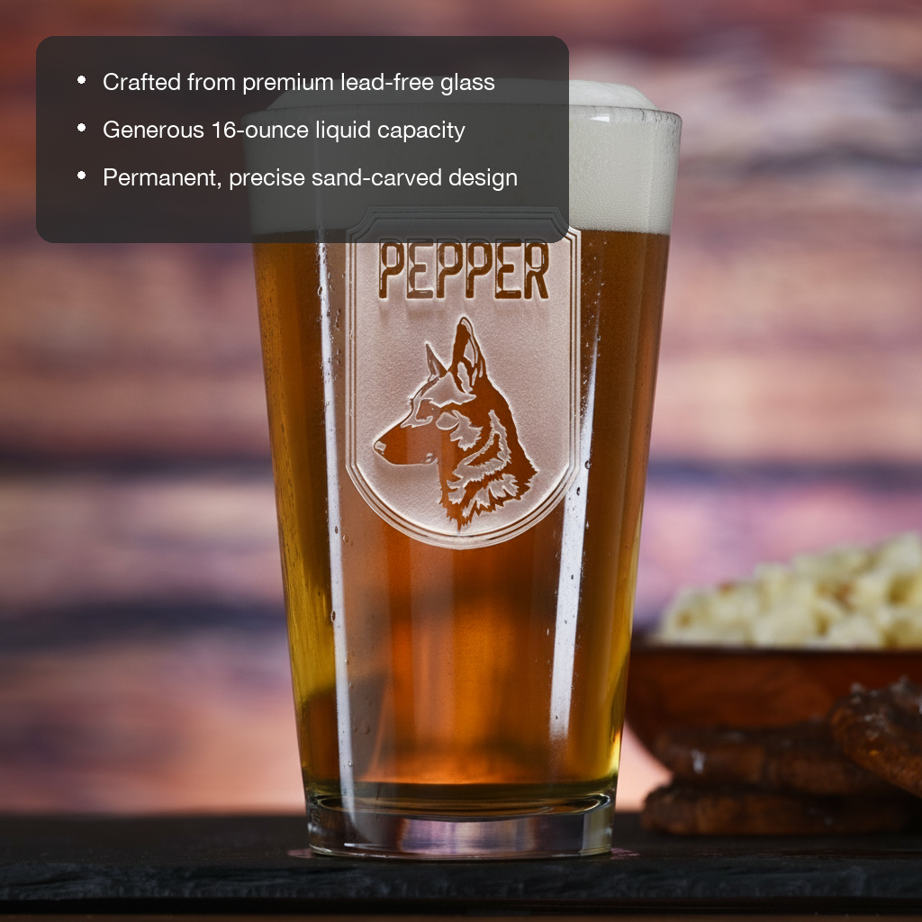 Dog Dad Personalized Pint Glass lifestyle shot showing the pup name with dog breed silhouette in shield engraving in a real-world setting