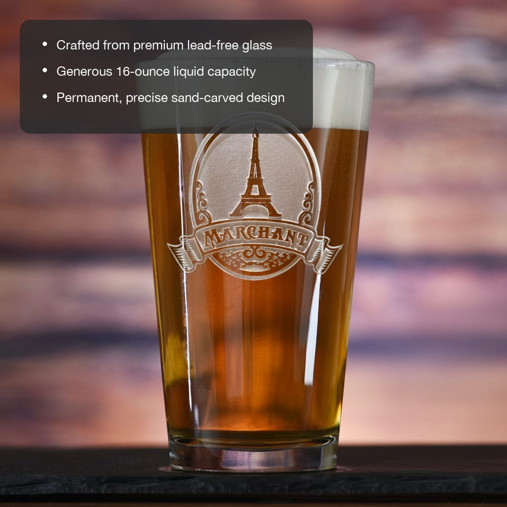 Paris Skyline Personalized Pint Glass features showing premium lead-free glass, 16 oz capacity, and permanent sand-carved design