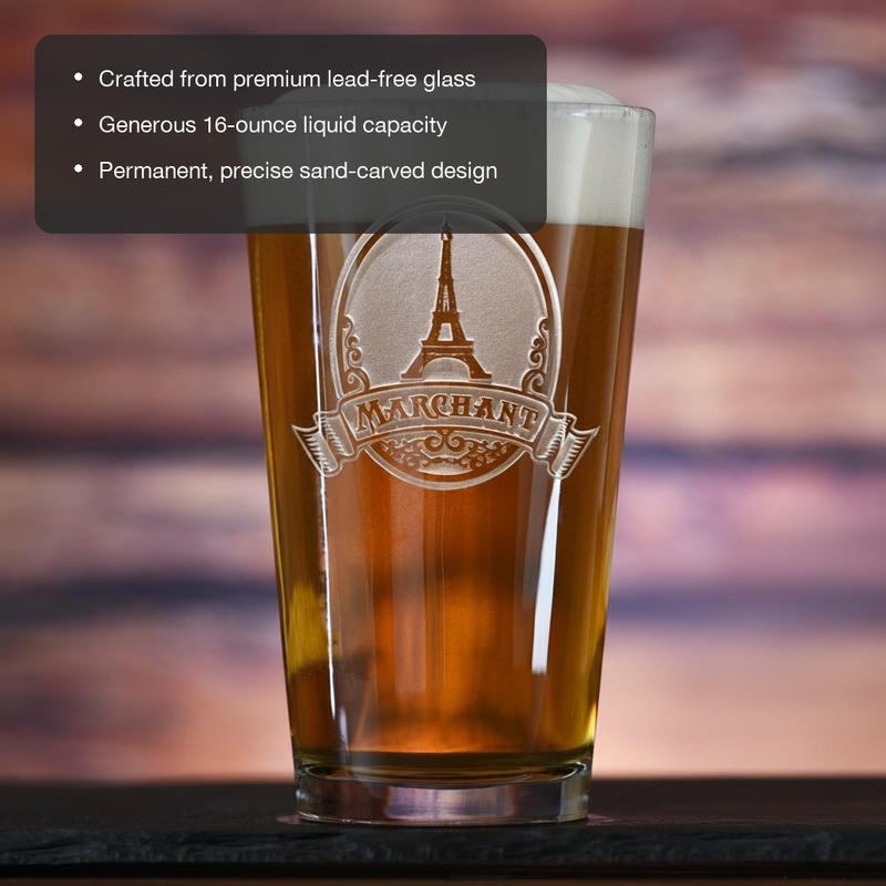 Paris Skyline Personalized Pint Glass features showing premium lead-free glass, 16 oz capacity, and permanent sand-carved design