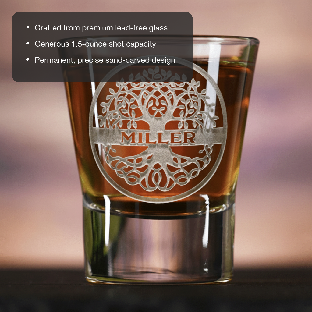 Heritage Roots Personalized Family Tree Shot Glass lifestyle shot showing the family tree medallion with family name banner engraving in a real-world setting
