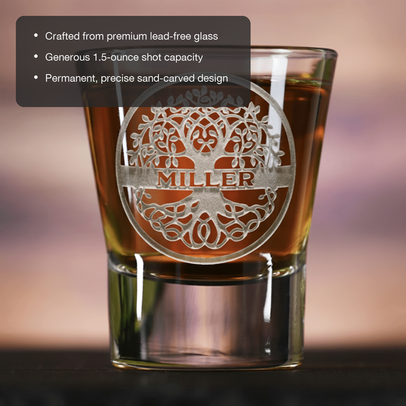 Heritage Roots Personalized Family Tree Shot Glass features showing premium lead-free glass, 1.5 oz capacity, and permanent sand-carved design