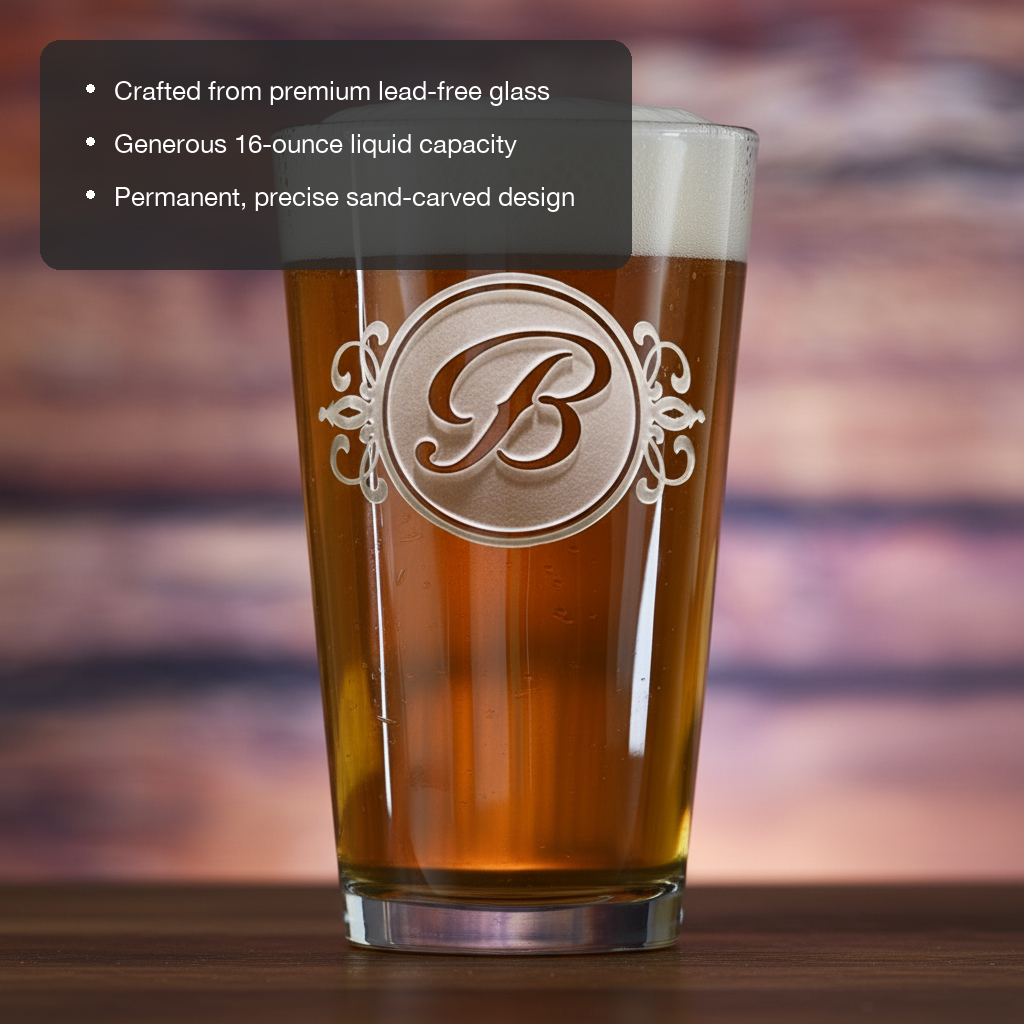 Royal Monogram Personalized Pint Glass lifestyle shot showing the single ornate script initial in decorative round frame with fleur-de-lis scrollwork engraving in a real-world setting
