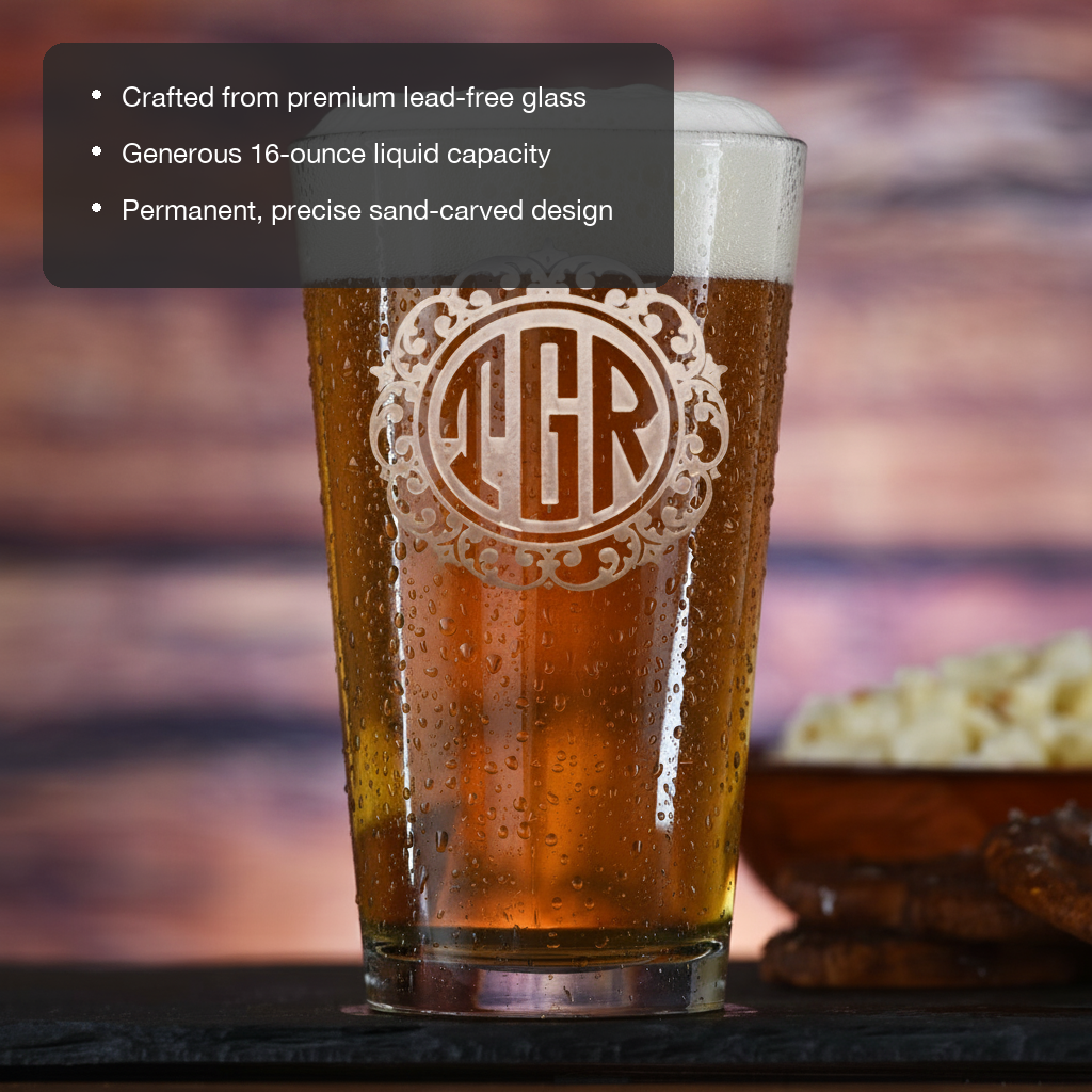 Initial Monogram Personalized Pint Glass features showing premium lead-free glass, 16 oz capacity, and permanent sand-carved design