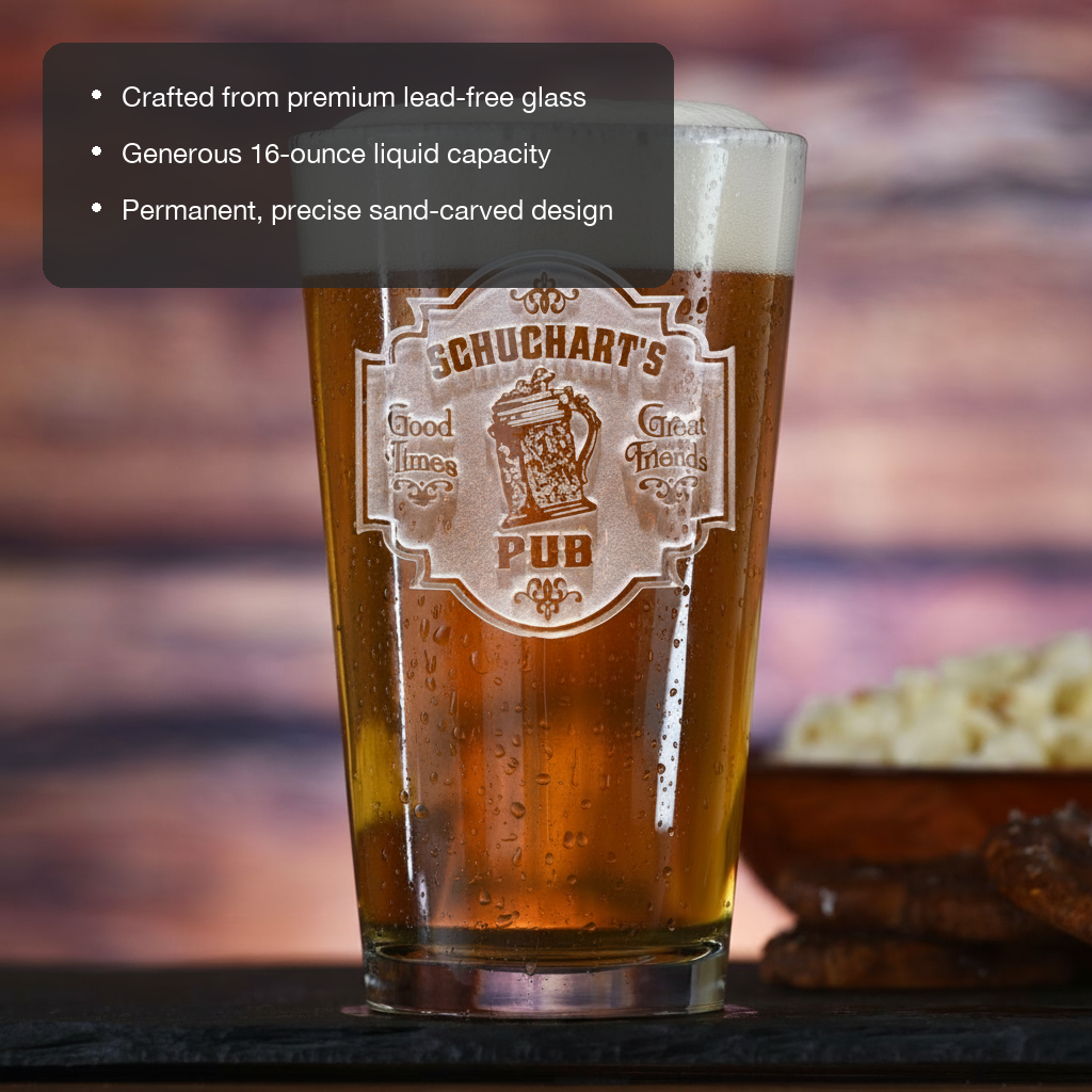 Tap Room Personalized Bar Sign Pint Glass features showing premium lead-free glass, 16 oz capacity, and permanent sand-carved design