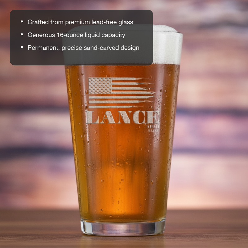 American Heroes Personalized Pint Glass features showing premium lead-free glass, 16 oz capacity, and permanent sand-carved design