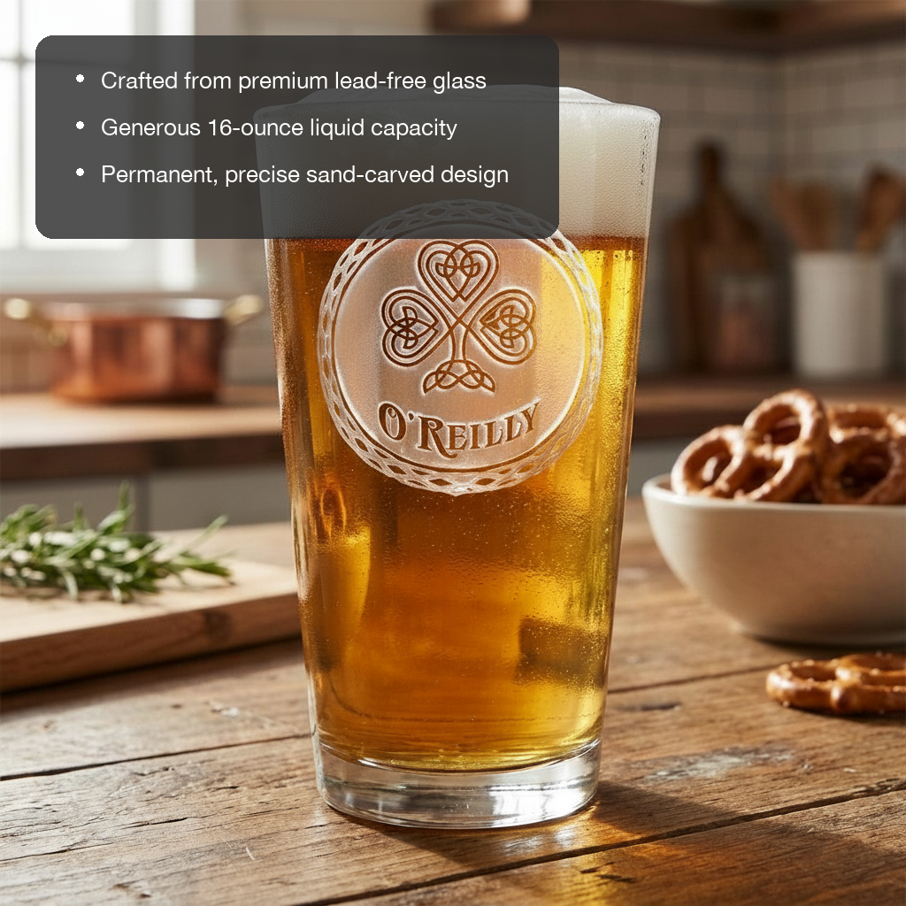 Celtic Knot Personalized Irish Pint Glass features showing premium lead-free glass, 16 oz capacity, and permanent sand-carved design