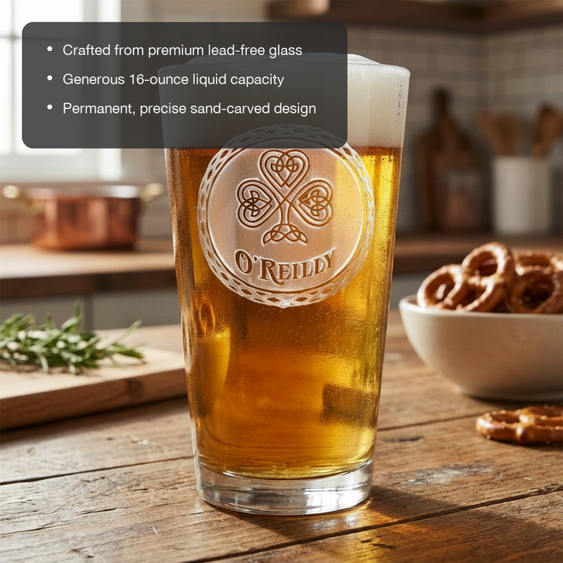 Celtic Knot Personalized Irish Pint Glass features showing premium lead-free glass, 16 oz capacity, and permanent sand-carved design