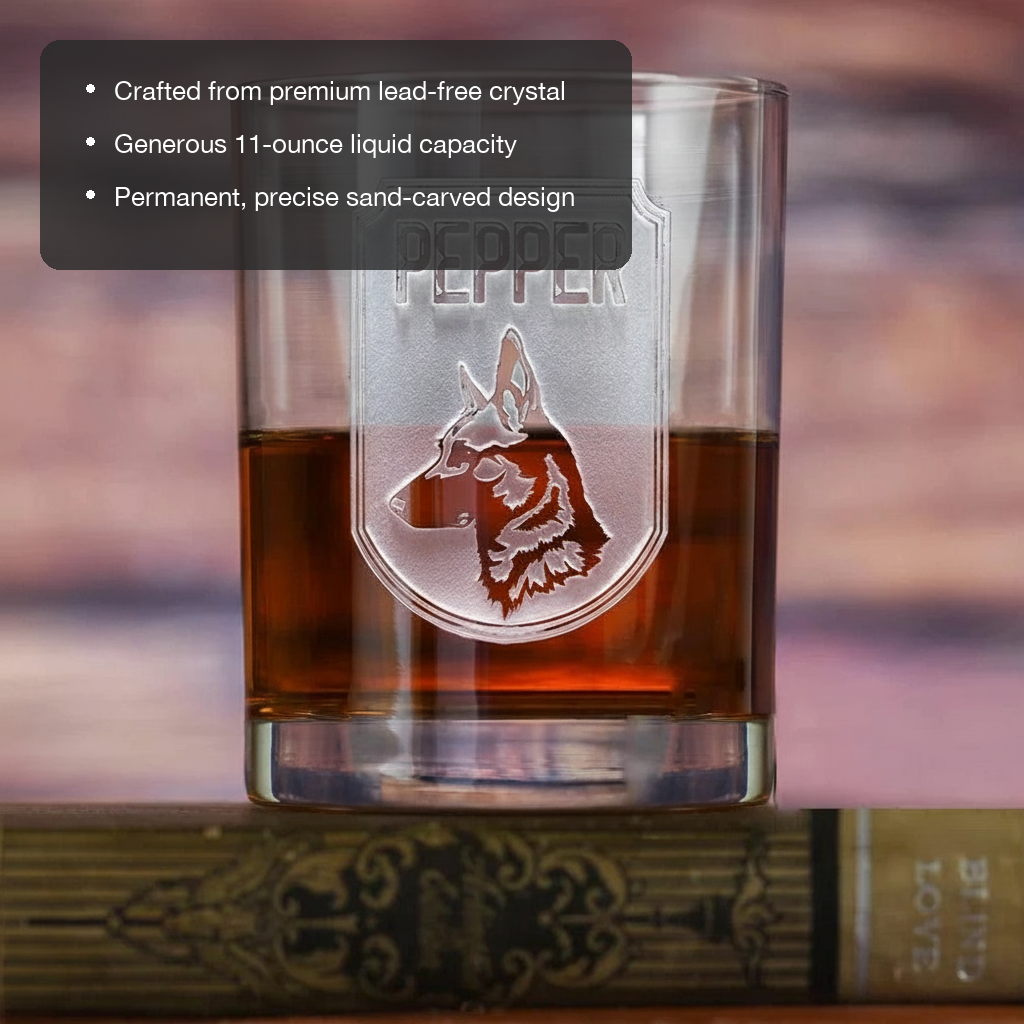 Dog Dad Personalized Whiskey Glass features showing premium lead-free crystal, 11 oz capacity, and permanent sand-carved design