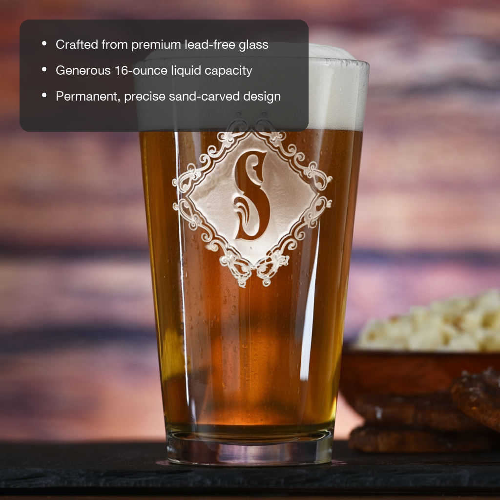Diamond Crest personalized pint glass with sand-carved diamond monogram shield