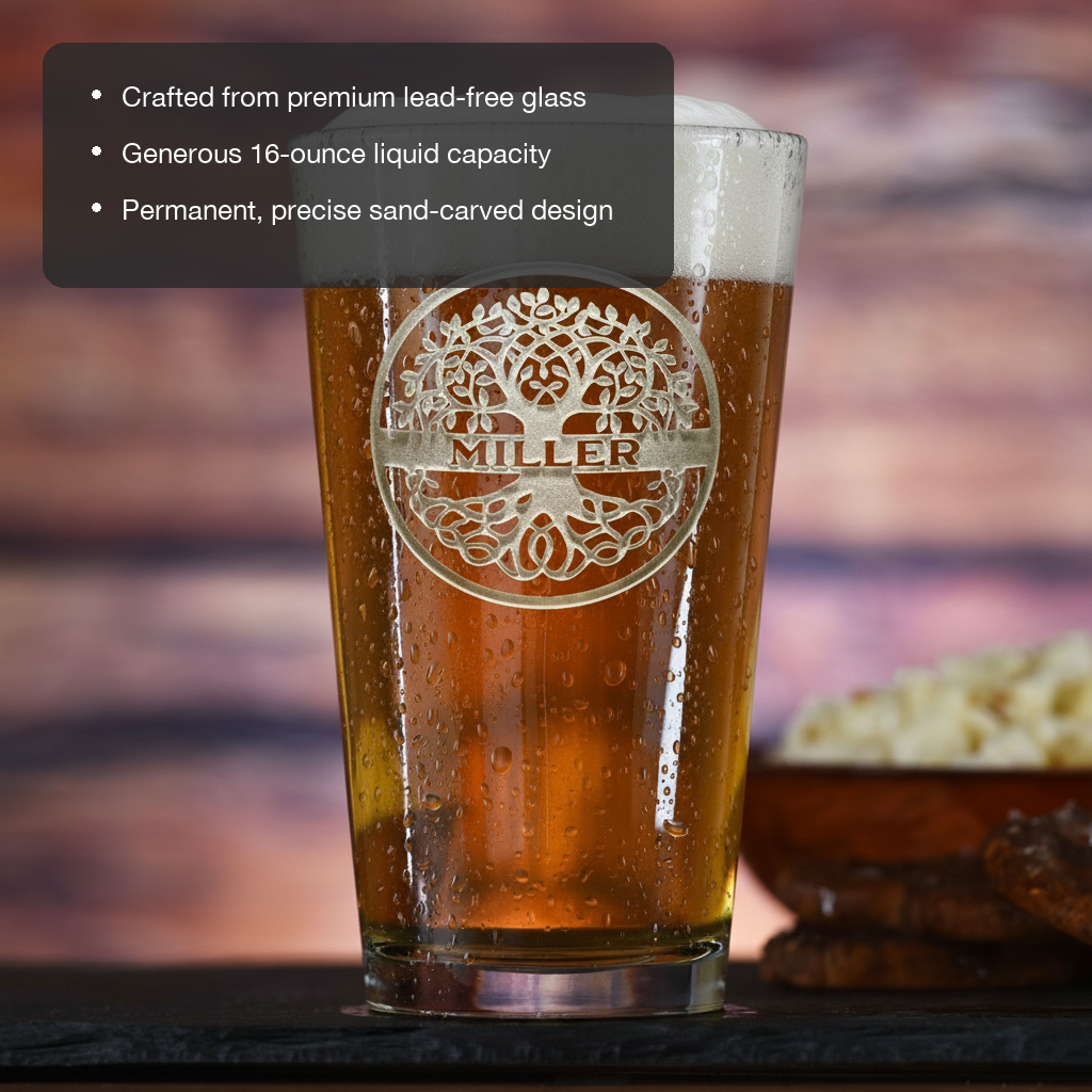 Heritage Tree Personalized Pint Glass features showing premium lead-free glass, 16 oz capacity, and permanent sand-carved design