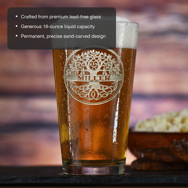 Heritage Tree Personalized Pint Glass features showing premium lead-free glass, 16 oz capacity, and permanent sand-carved design