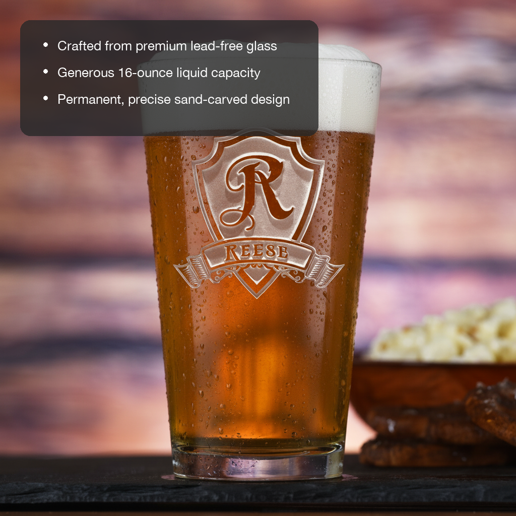 Royal Shield personalized pint glass with sand-carved heraldic shield