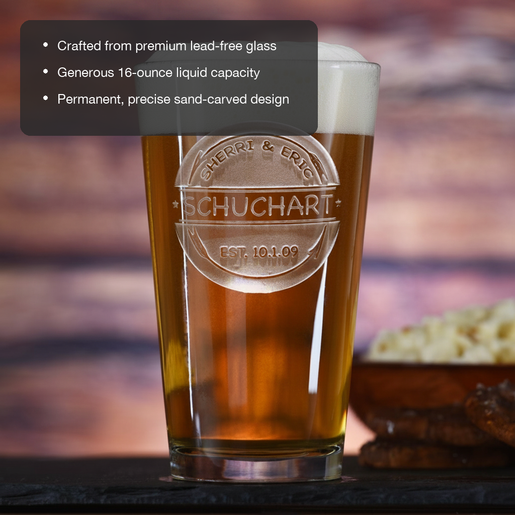 Rustic Arrows personalized wedding pint glass with sand-carved arrows and couple's names
