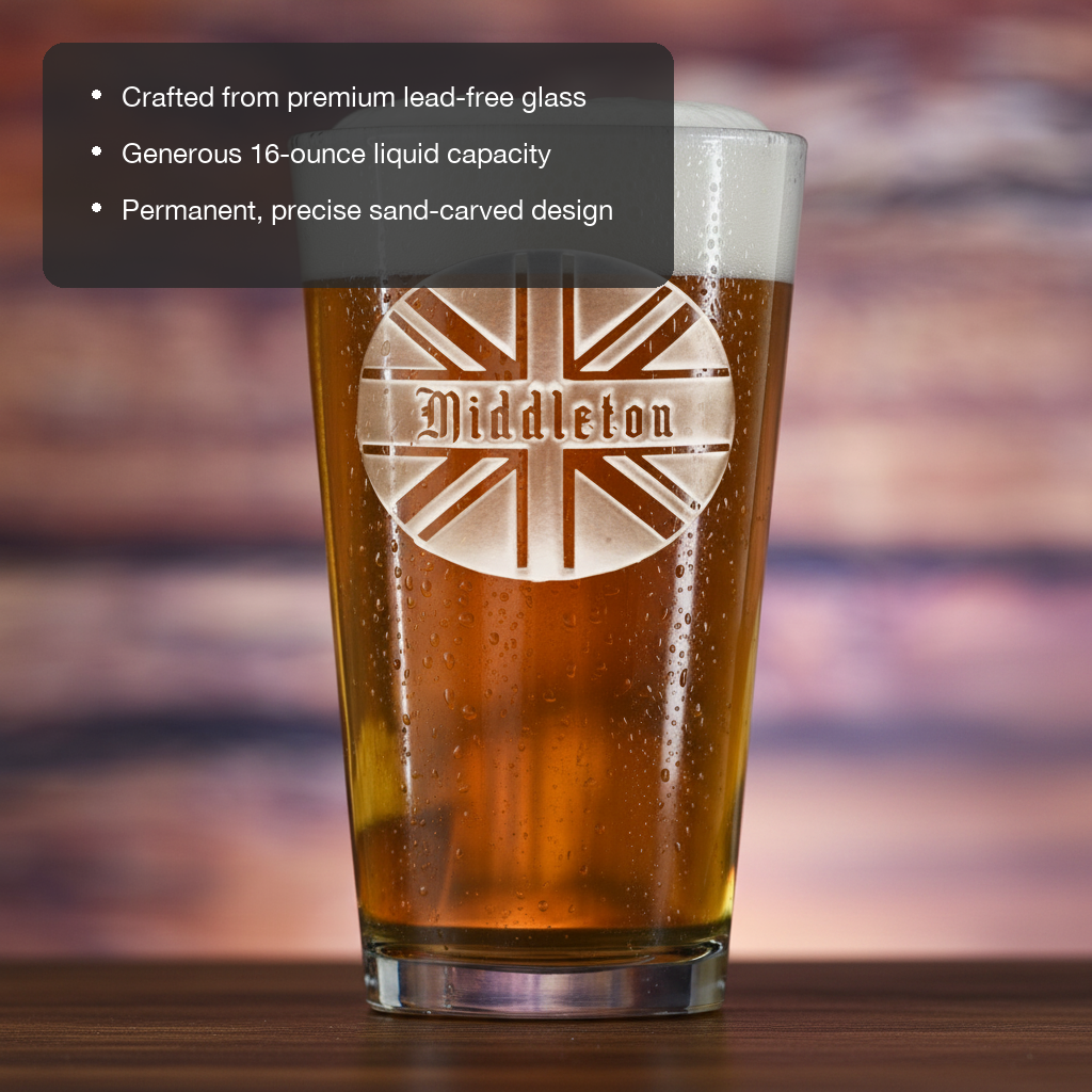 Union Jack Personalized Pint Glass lifestyle shot showing the Union Jack flag with name overlay engraving in a real-world setting