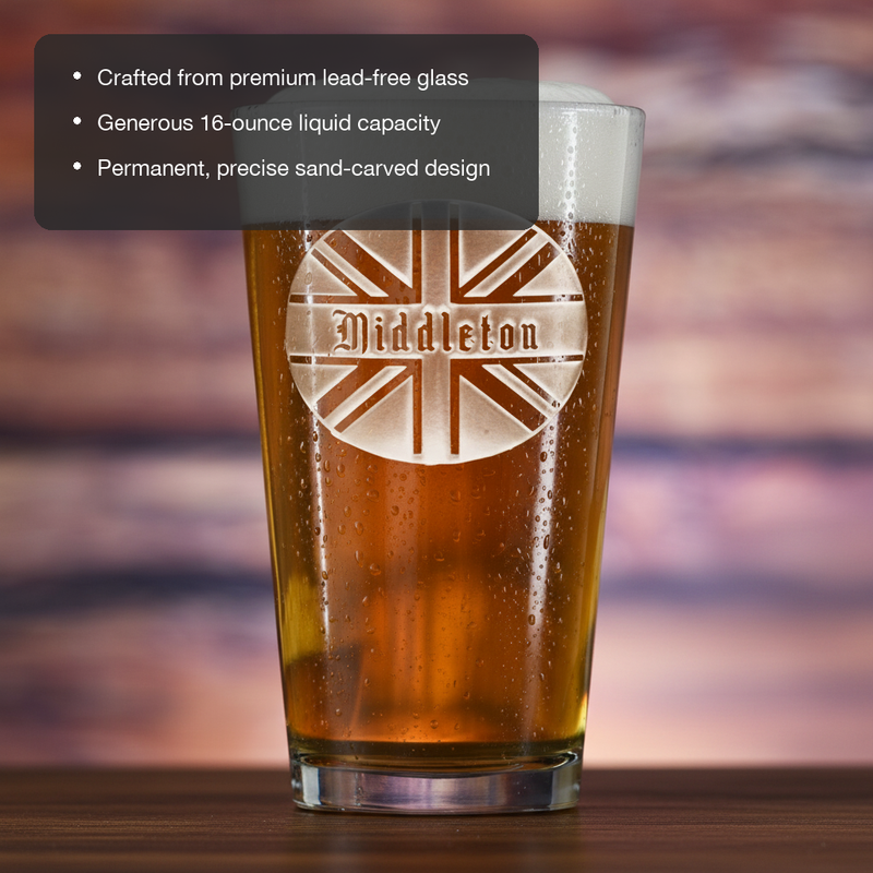 Union Jack Personalized Pint Glass features showing premium lead-free glass, 16 oz capacity, and permanent sand-carved design