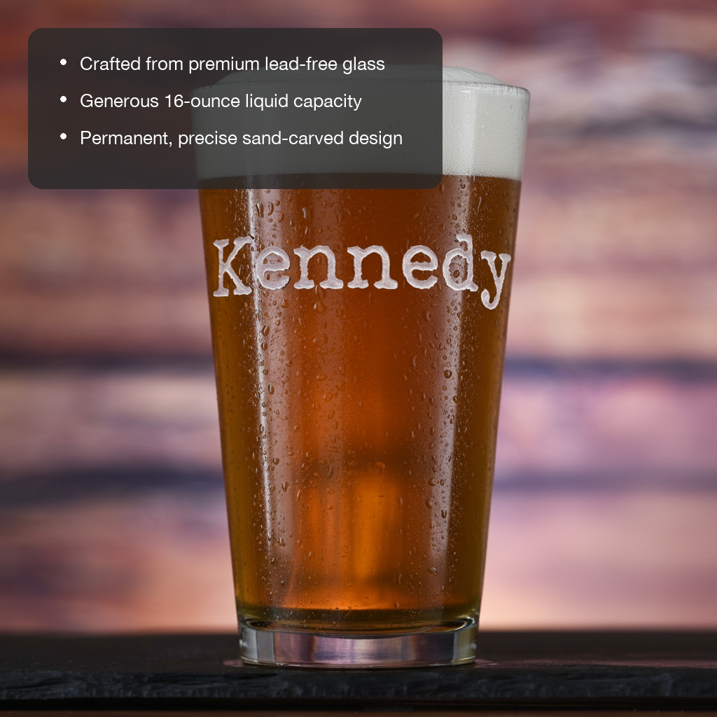Typewriter Personalized Name Pint Glass lifestyle shot showing the name in vintage typewriter font engraving in a real-world setting