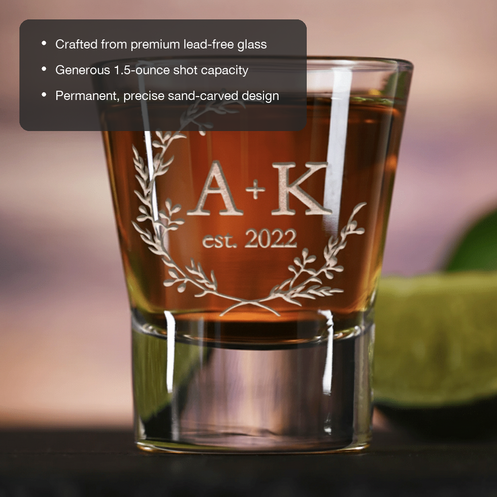 Better Halves Personalized Couples Shot Glass features showing premium lead-free glass, 1.5 oz capacity, and permanent sand-carved design