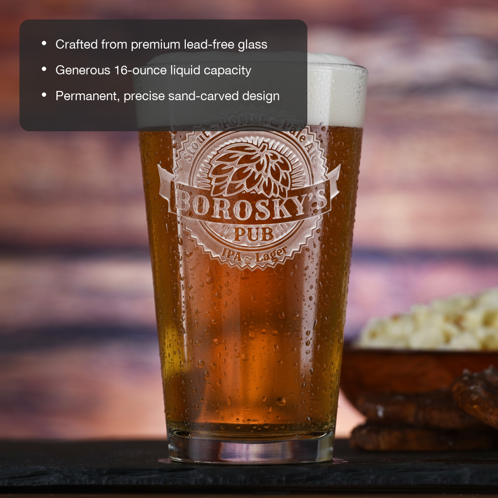 Home Brewer Personalized Pint Glass features showing premium lead-free glass, 16 oz capacity, and permanent sand-carved design