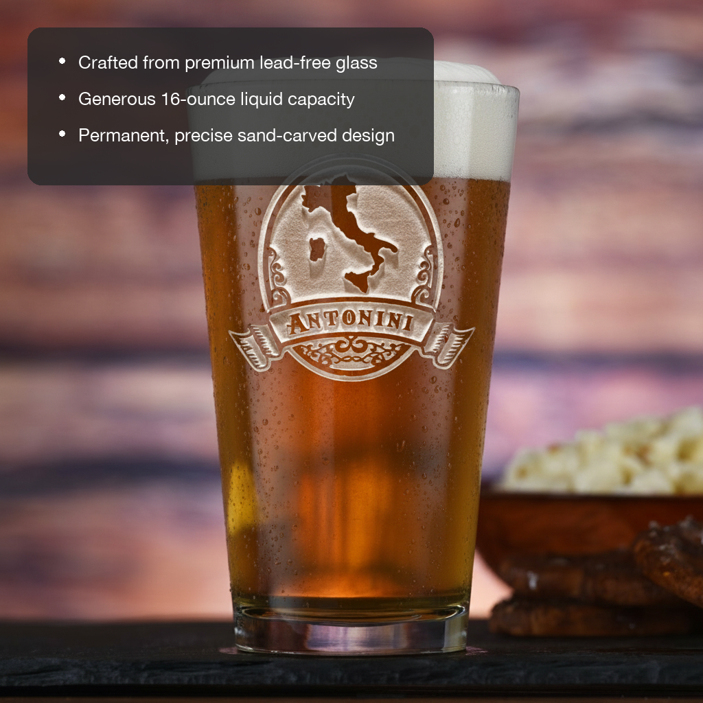Tuscan Personalized Italian Pint Glass features showing premium lead-free glass, 16 oz capacity, and permanent sand-carved design