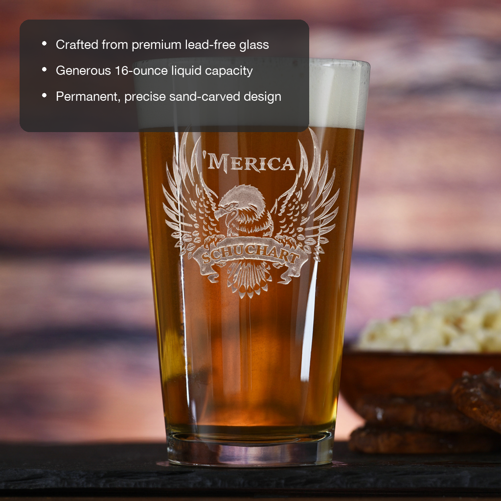 'Merica Bald Eagle Personalized Pint Glass features showing premium lead-free glass, 16 oz capacity, and permanent sand-carved design