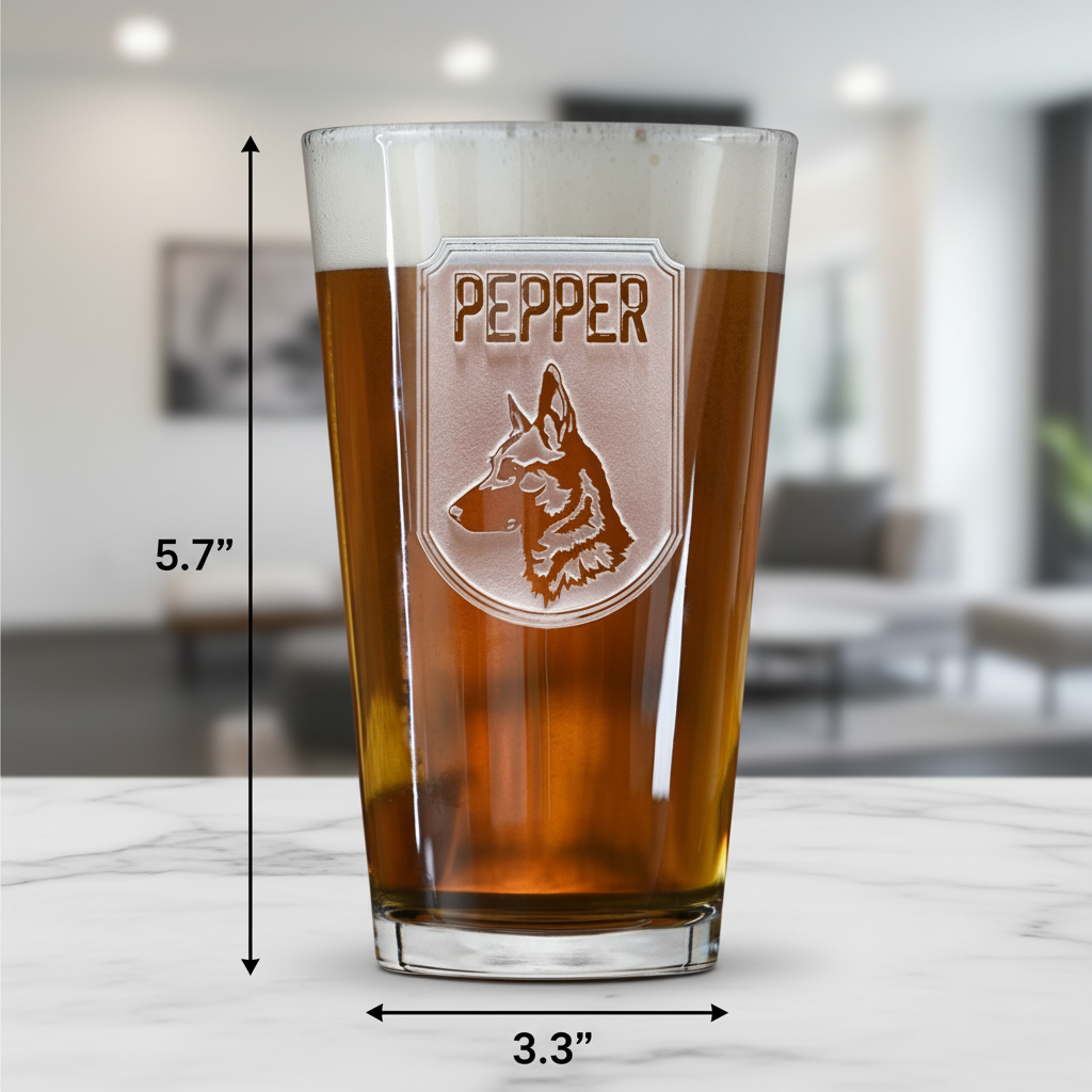 Dog Dad Personalized Pint Glass dimensions infographic showing 5.75 inches tall by 3.3 inches wide with 16 oz capacity