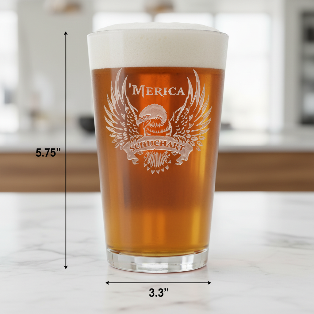 'Merica Bald Eagle Personalized Pint Glass dimensions infographic showing 5.75 inches tall by 3.3 inches wide with 16 oz capacity