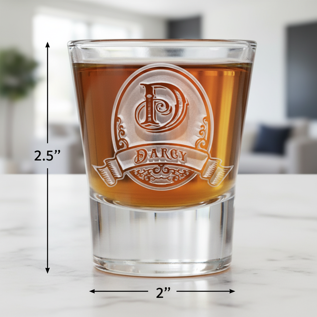 Crusader Personalized Medieval Shot Glass dimensions infographic showing 2.25 inches tall by 2 inches wide with 1.5 oz capacity