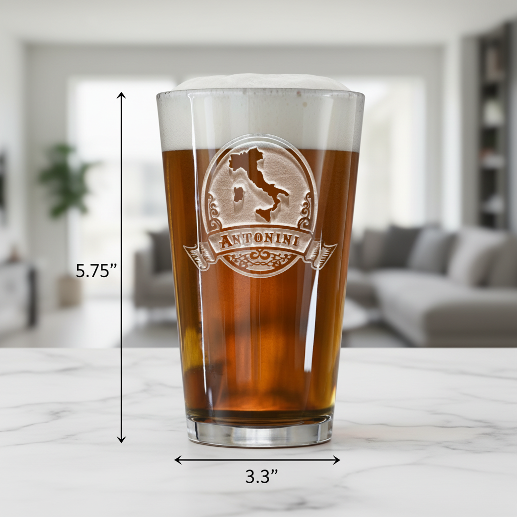 Tuscan Personalized Italian Pint Glass dimensions infographic showing 5.75 inches tall by 3.3 inches wide with 16 oz capacity