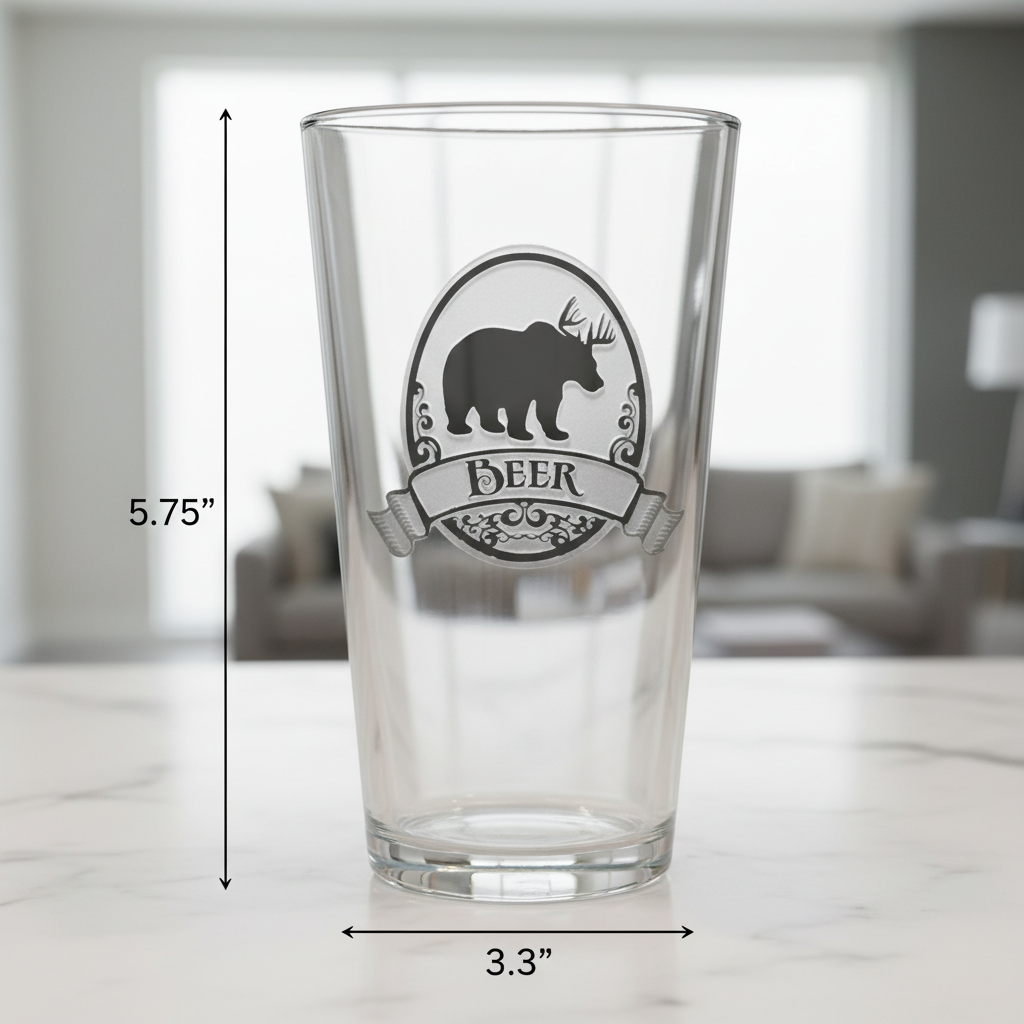 Wildwood Personalized Pint Glass dimensions infographic showing 5.75 inches tall by 3.3 inches wide with 16 oz capacity