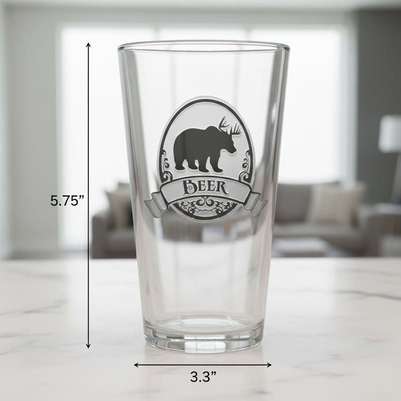 Wildwood Personalized Pint Glass dimensions infographic showing 5.75 inches tall by 3.3 inches wide with 16 oz capacity