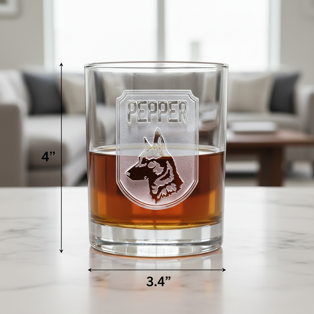 Dog Dad Personalized Whiskey Glass dimensions infographic showing 4 inches tall by 3.4 inches wide with 11 oz capacity