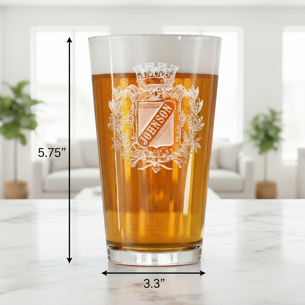 House Crest Personalized Pint Glass dimensions infographic showing 5.75 inches tall by 3.3 inches wide with 16 oz capacity