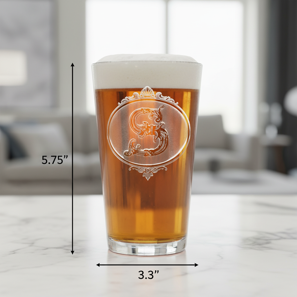 Filigree Personalized Initial Pint Glass dimensions infographic showing 5.75 inches tall by 3.3 inches wide with 16 oz capacity