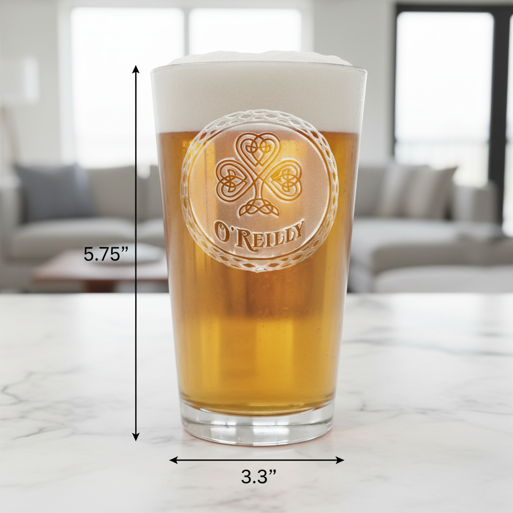 Celtic Knot Personalized Irish Pint Glass dimensions infographic showing 5.75 inches tall by 3.3 inches wide with 16 oz capacity