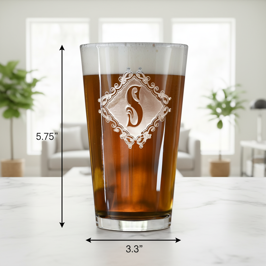 Diamond Crest Personalized Pint Glass dimensions infographic showing 5.75 inches tall by 3.3 inches wide with 16 oz capacity