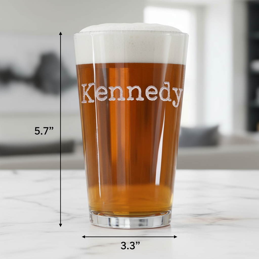 Typewriter Personalized Name Pint Glass dimensions infographic showing 5.75 inches tall by 3.3 inches wide with 16 oz capacity