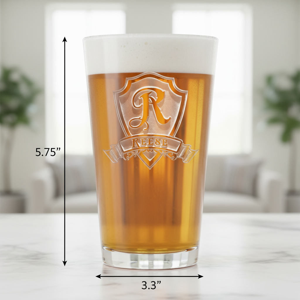 Royal Shield Personalized Pint Glass dimensions infographic showing 5.75 inches tall by 3.3 inches wide with 16 oz capacity