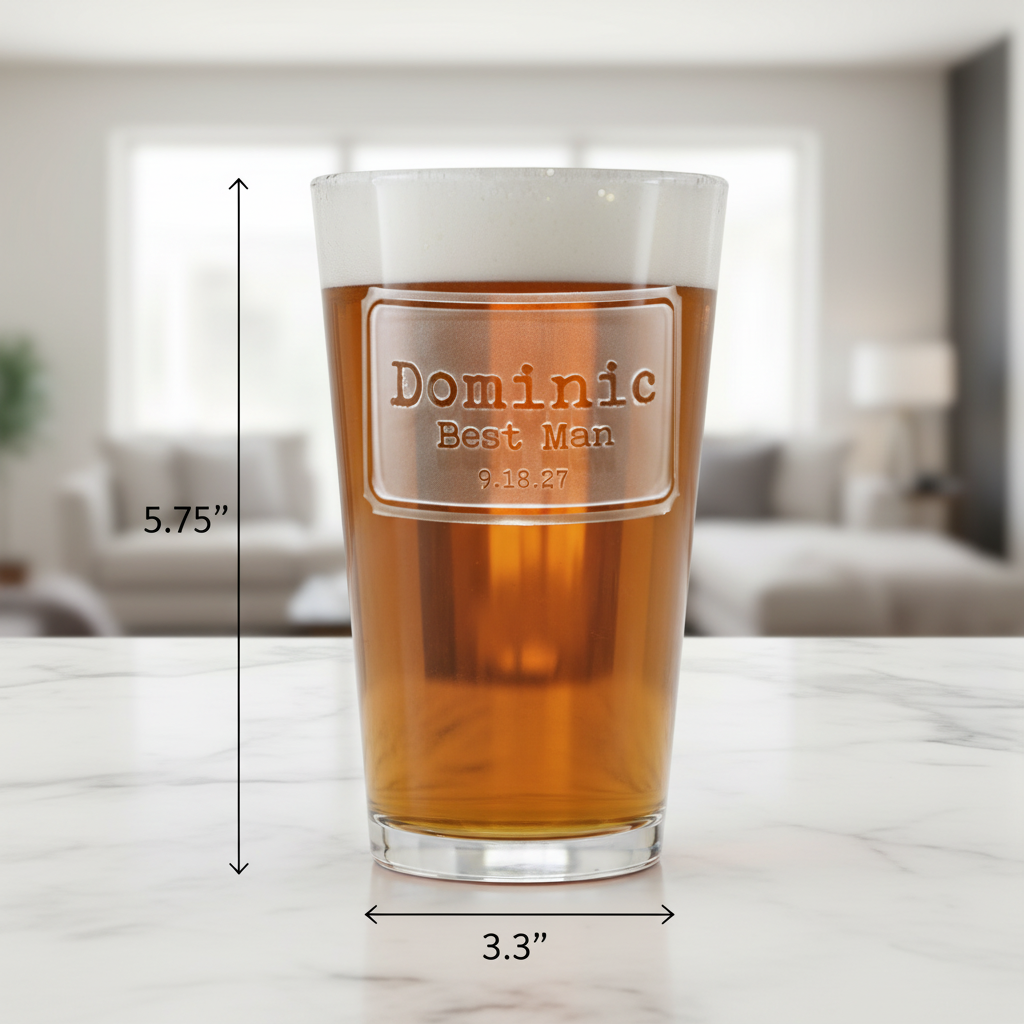 Square Label Personalized Pint Glass dimensions infographic showing 5.75 inches tall by 3.3 inches wide with 16 oz capacity