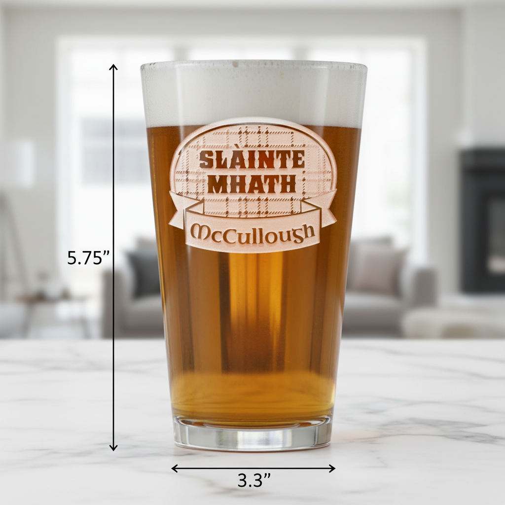 Highland Toast Personalized Scottish Pint Glass dimensions infographic showing 5.75 inches tall by 3.3 inches wide with 16 oz capacity